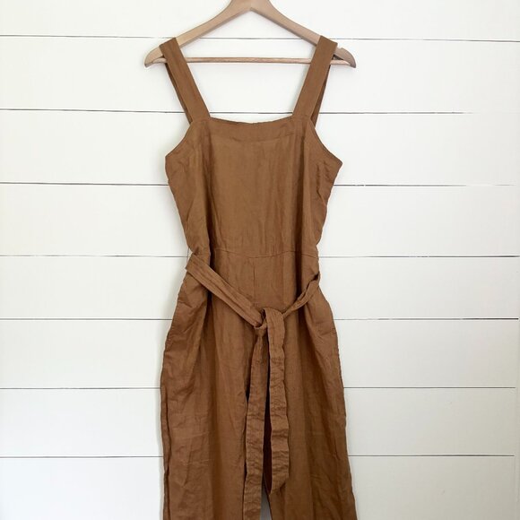 Quince camel brown 100% European linen jumpsuit - Picture 1 of 9